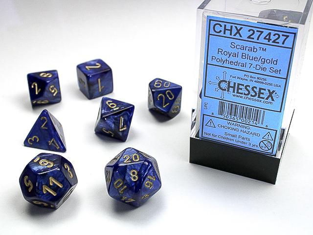 Chessex Dice (7pc) Scarab Royal Blue with Gold CHX27427