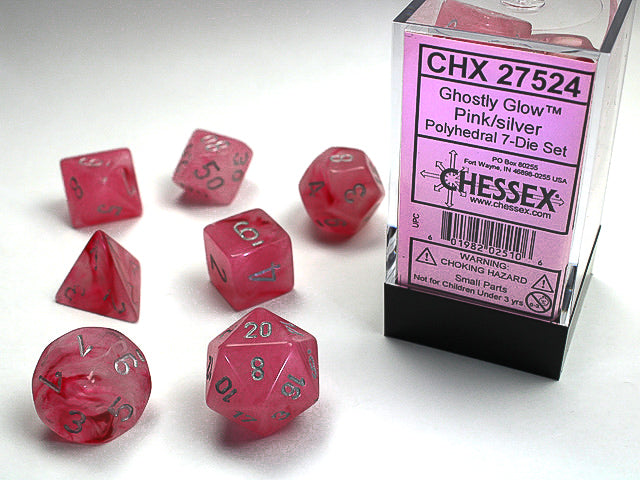 Chessex Dice (7pc) Ghostly Glow Pink and Silver CHX27524