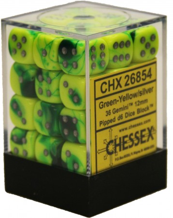 Chessex D6 Dice Gemini Green-Yellow with Silver CHX26854