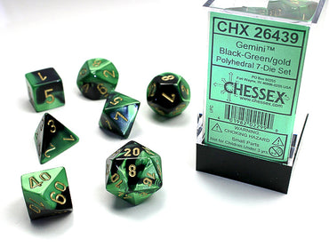 Chessex Dice (7pc) Gemini Black-Green with Gold CHX26439