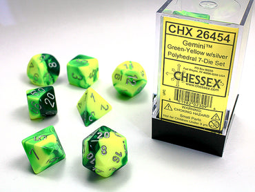 Chessex Dice (7pc) Gemini Green-Yellow with Silver CHX26454