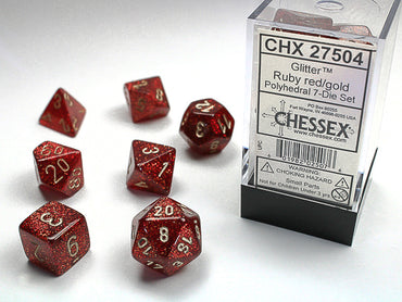 Chessex Dice (7pc) Glitter Ruby Red with Gold CHX2750