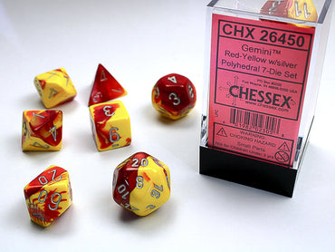 Chessex Dice (7pc) Gemini Red-Yellow with silver CHX26450