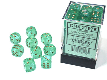 Chessex D6 Dice Borealis Light Green with Gold CHX27975 